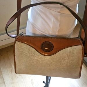 Vintage Dooney & Bourke All Weather Leather Shoulder Bag Brown/Ivory w Bag Charm